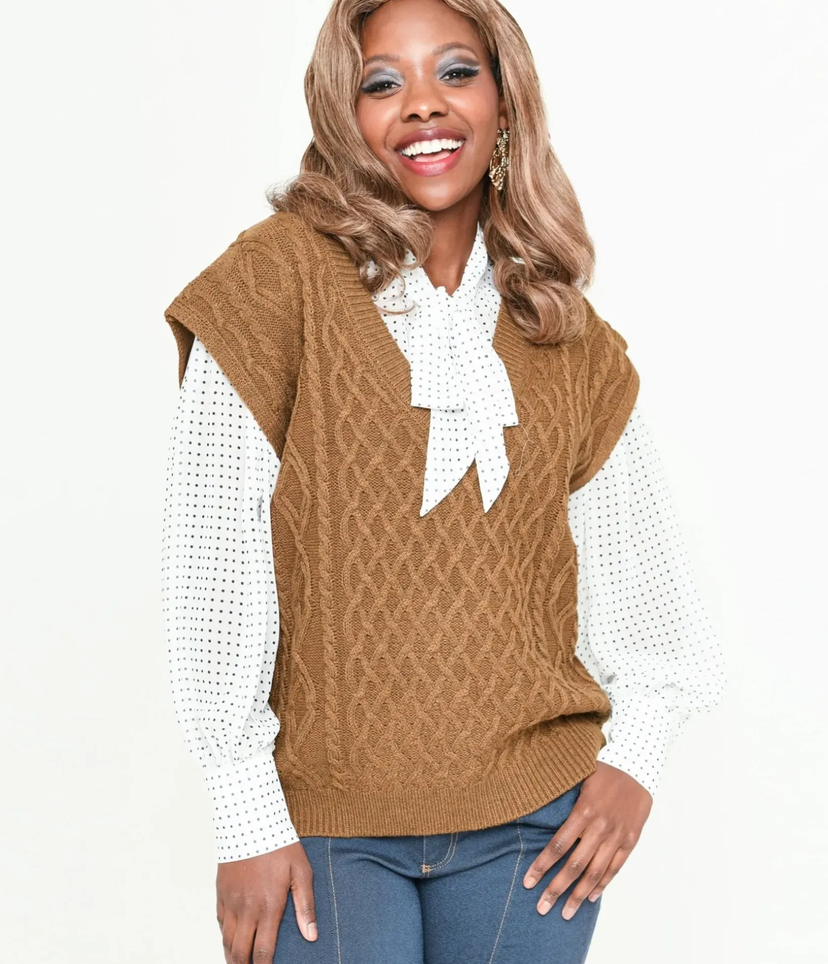 Unique Vintage Sweaters & Cardigans|Sweaters & Cardigans>Brown Cable Knit Sweater Vest