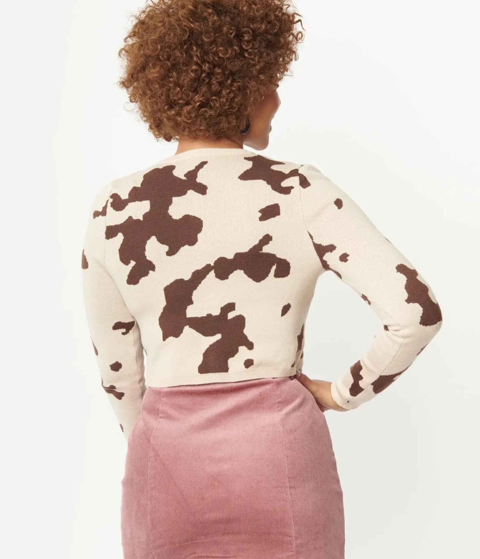 Unique Vintage Sweaters & Cardigans>Brown Cow Print Crop Cardigan
