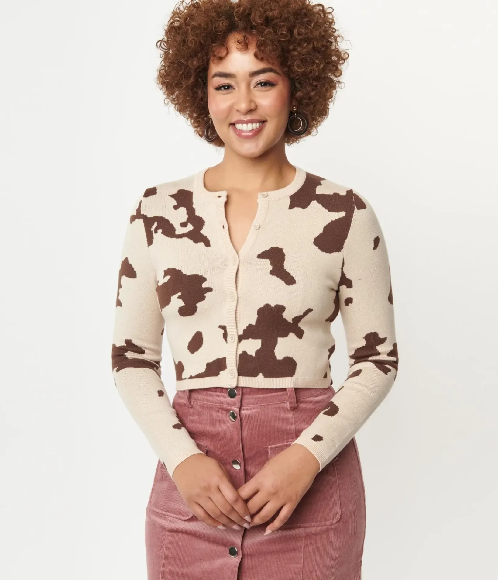 Unique Vintage Sweaters & Cardigans>Brown Cow Print Crop Cardigan