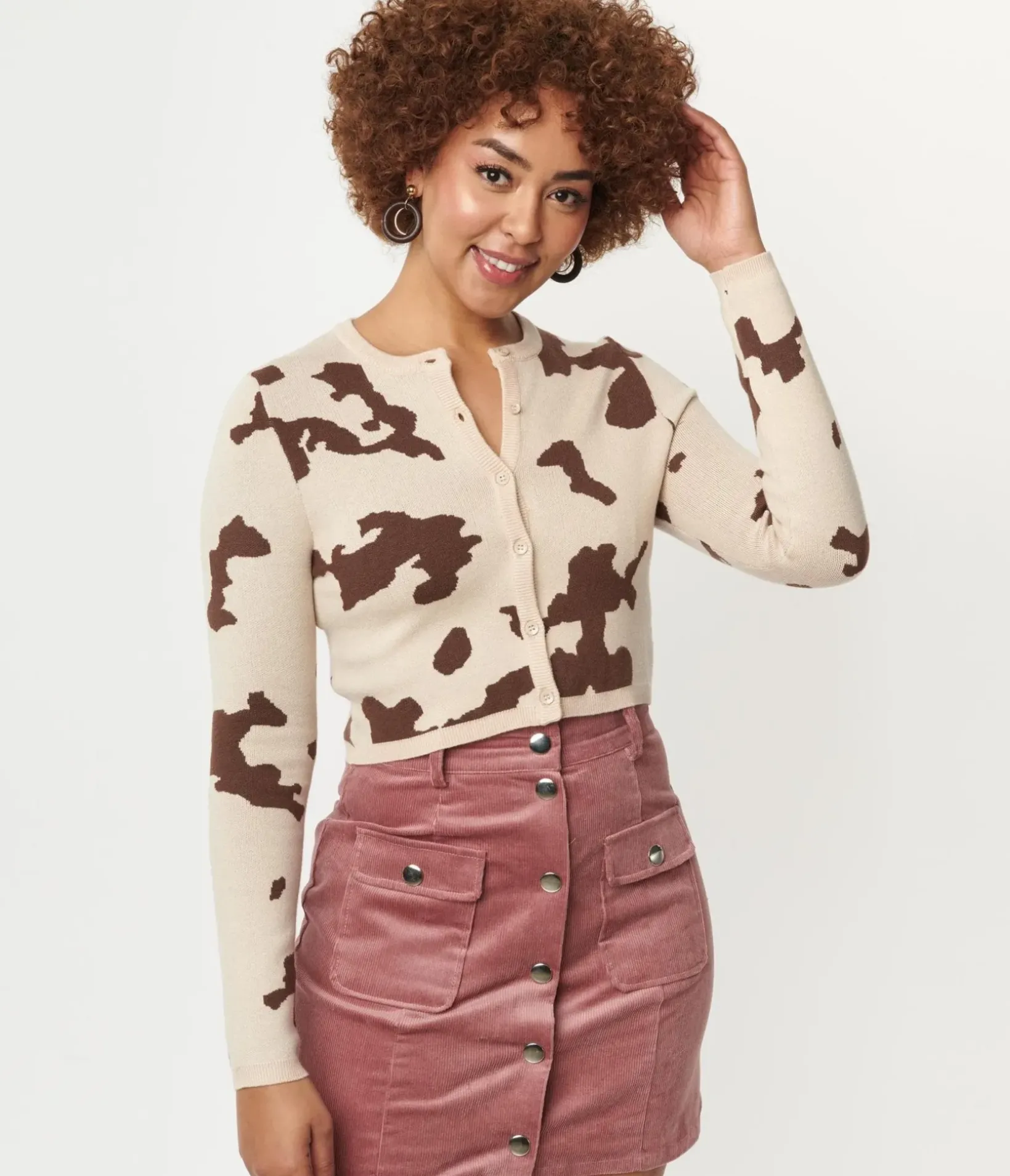 Unique Vintage Sweaters & Cardigans>Brown Cow Print Crop Cardigan