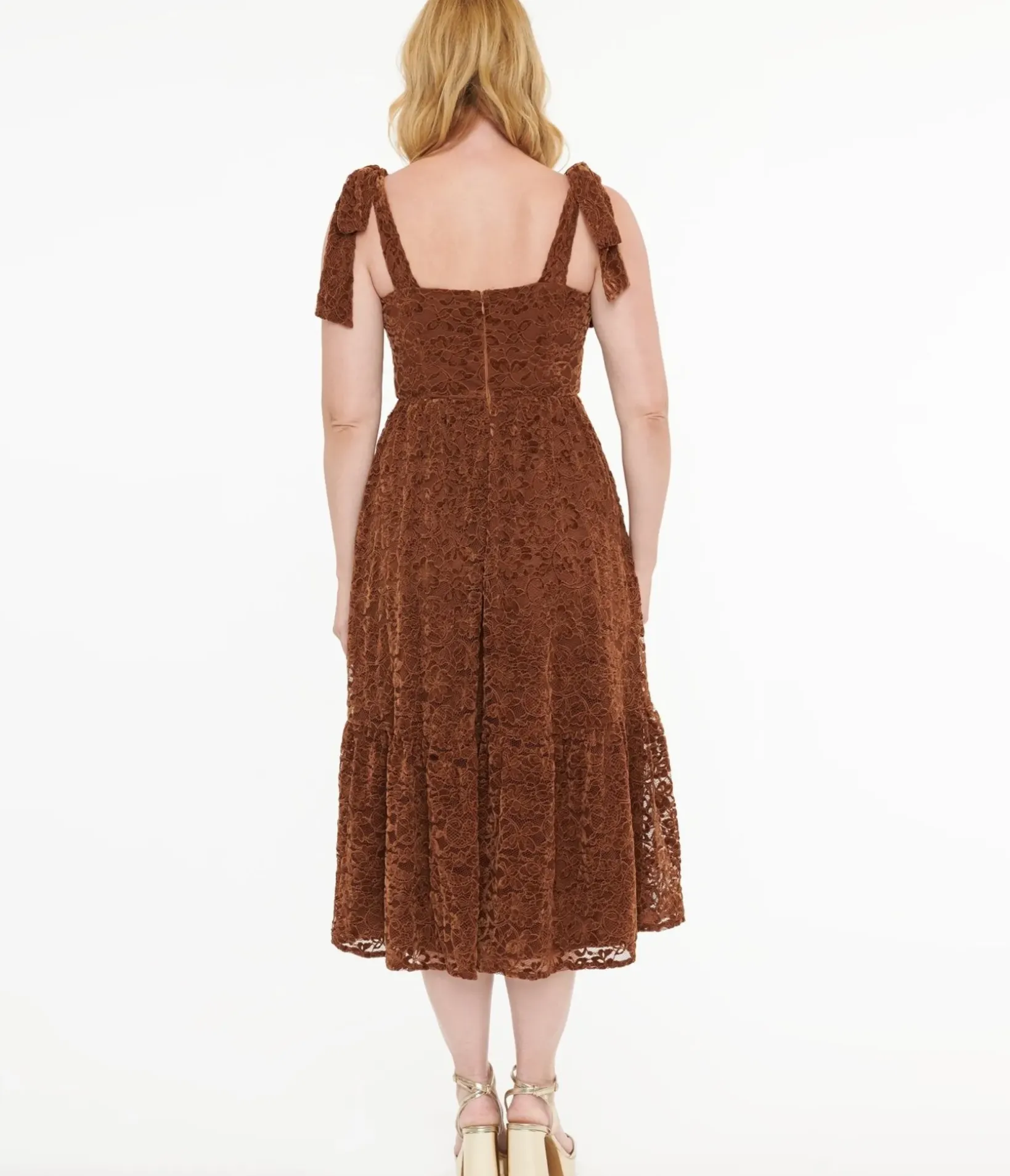 Unique Vintage Midi|Everyday Dresses>Brown Velvet Lace Midi Dress