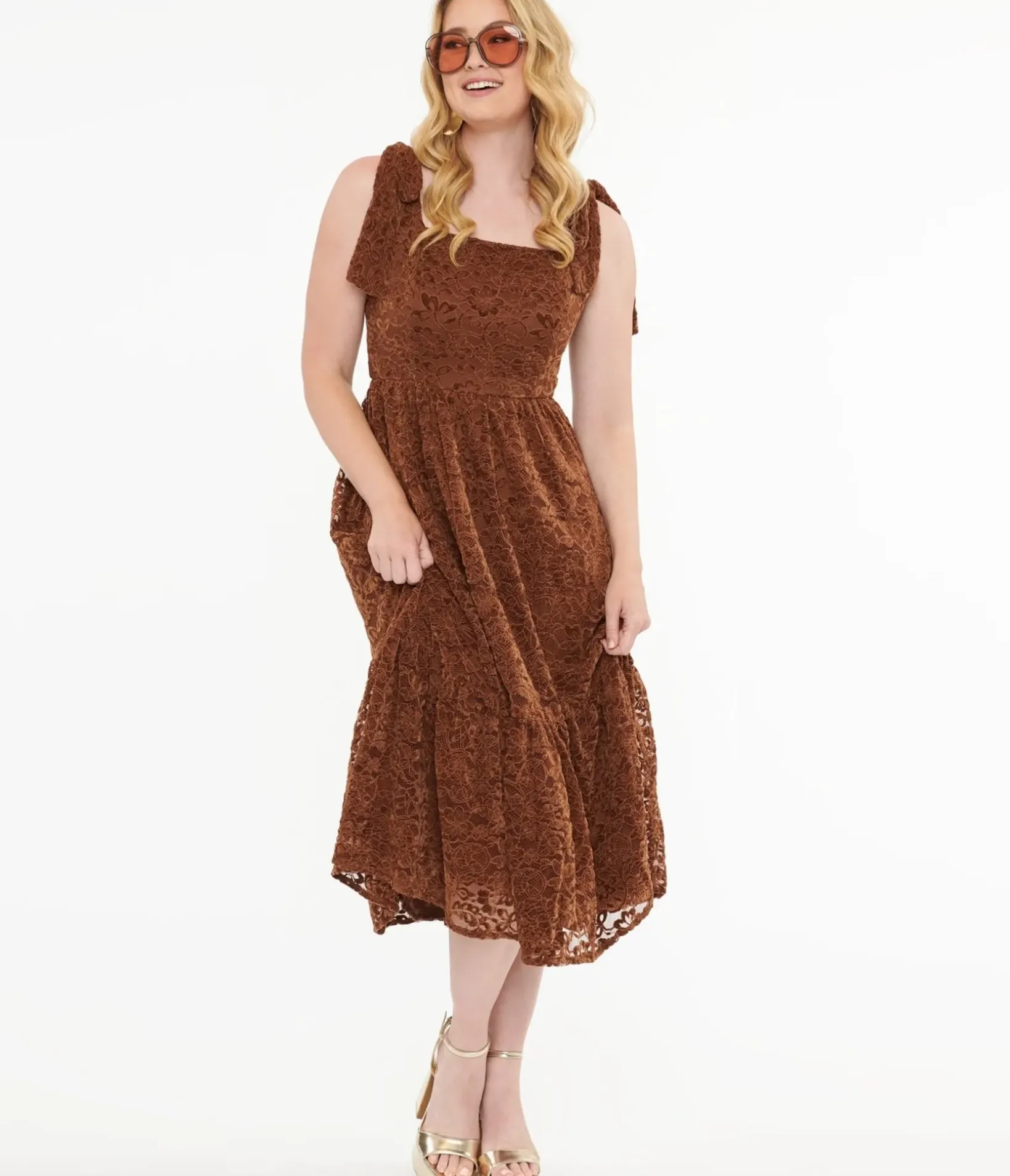 Unique Vintage Midi|Everyday Dresses>Brown Velvet Lace Midi Dress