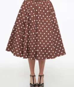 Unique Vintage Skirts>Brown & White Polka Dot Paula Swing Skirt