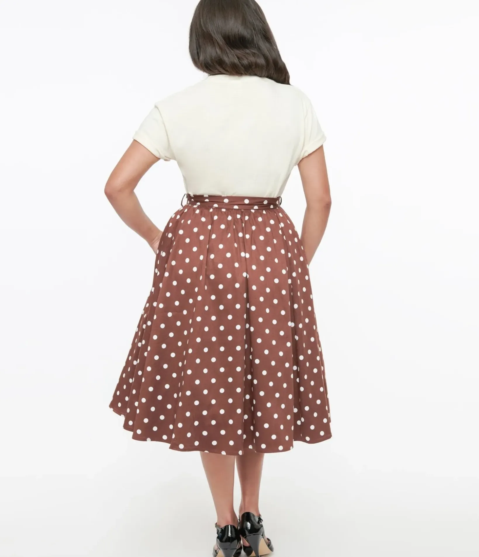 Unique Vintage Skirts>Brown & White Polka Dot Paula Swing Skirt