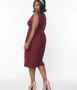 Unique Vintage Midi|Everyday Dresses>Burgundy Cross-Over Bodice Midi Dress