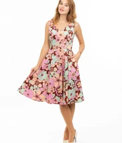 Unique Vintage Swing|Pocket Dresses>Burgundy & Pastel Florals Swing Dress