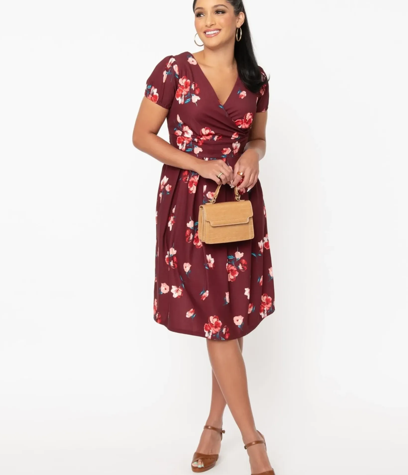 Unique Vintage Swing|Pocket Dresses>Burgundy & Pink Floral Tilly Swing Dress