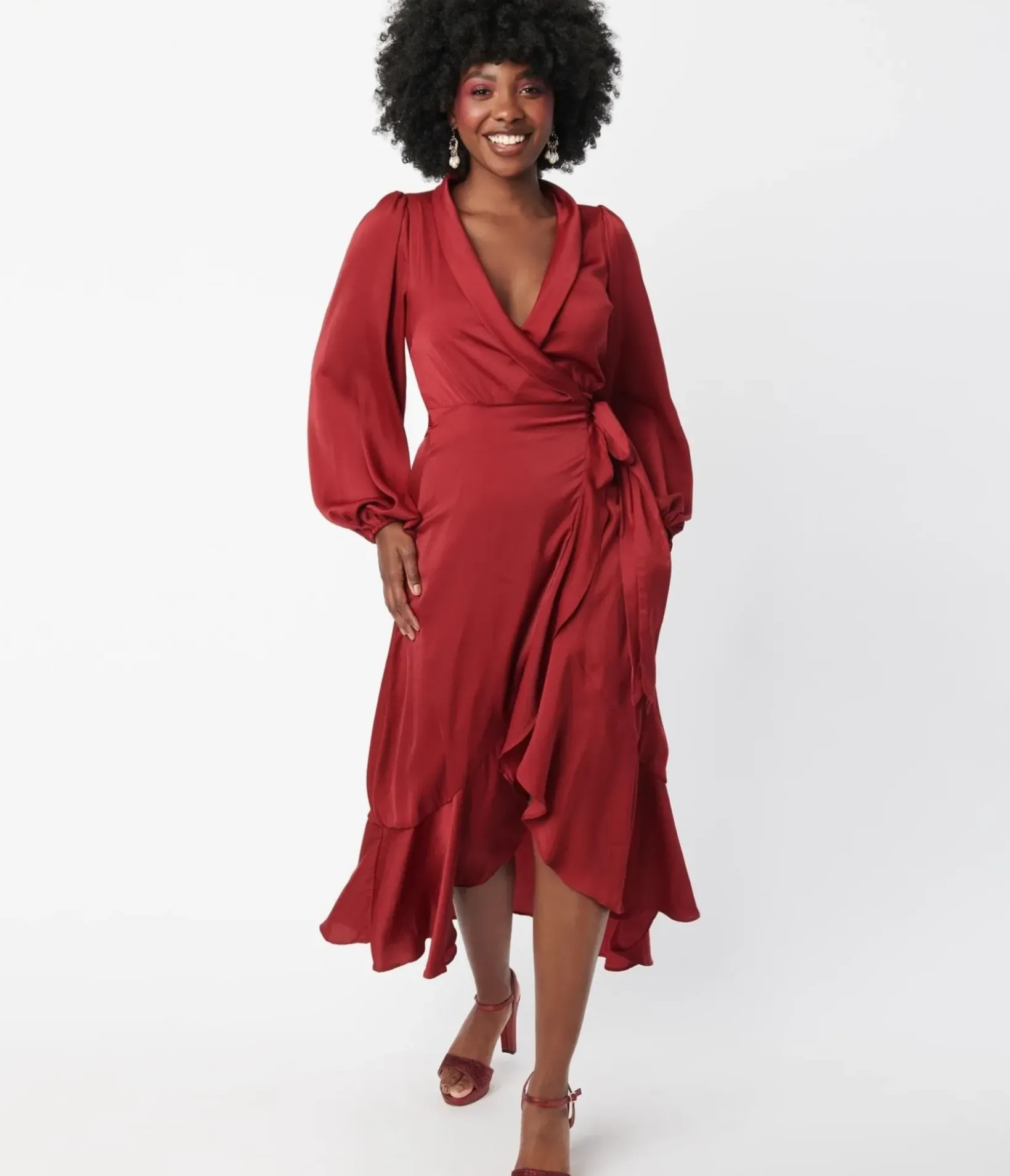Unique Vintage Midi>Burgundy Ruffle Midi Wrap Dress