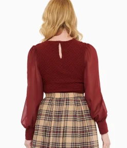 Unique Vintage Blouses|Work Wear>Burgundy Textured Embrace The Journey Woven Blouse