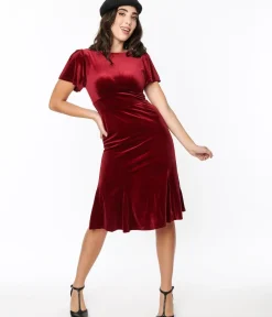 Unique Vintage Everyday Dresses|Valentine's Day Dress>Burgundy Velvet Midi Shift Dress