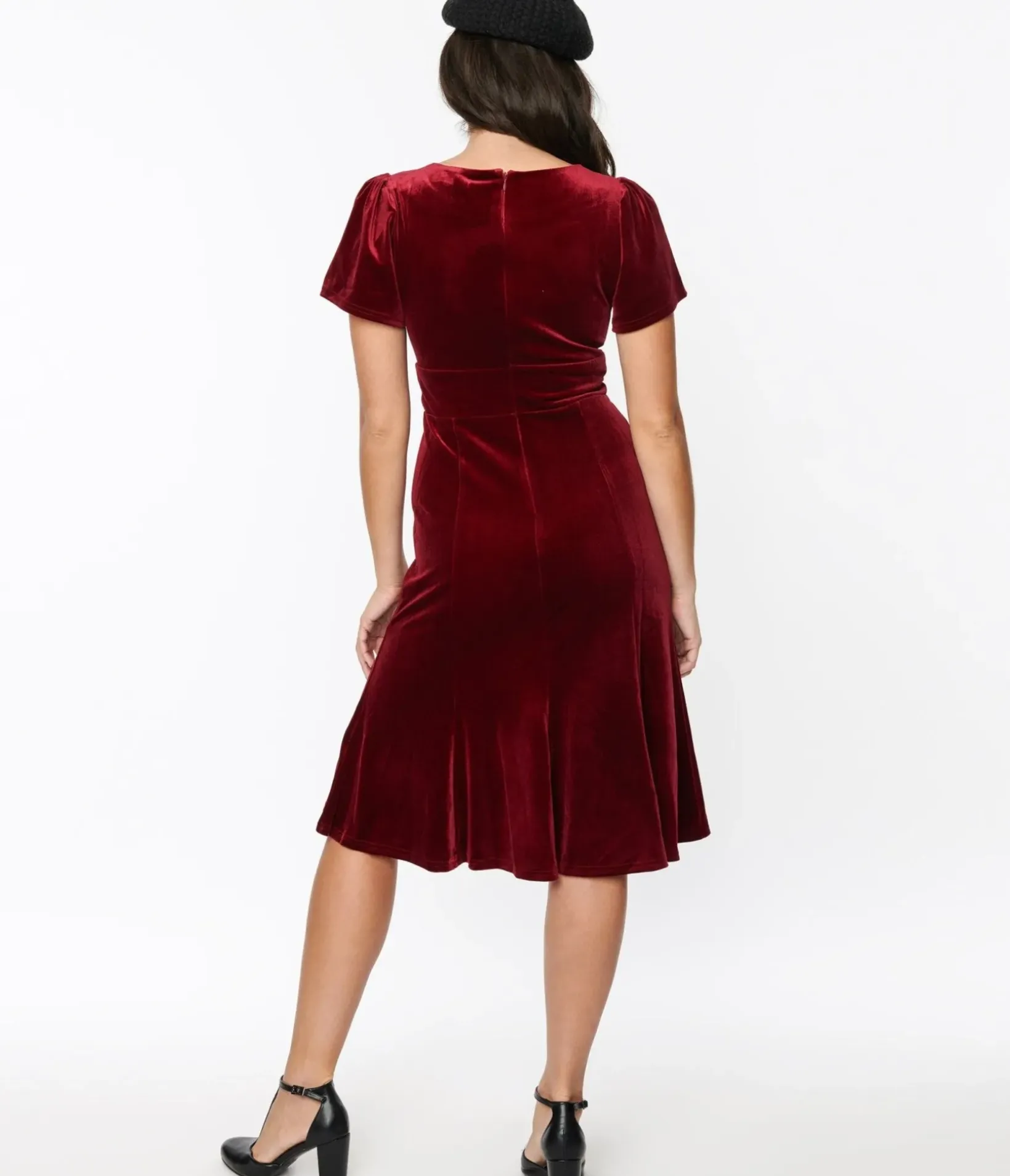 Unique Vintage Everyday Dresses|Valentine's Day Dress>Burgundy Velvet Midi Shift Dress