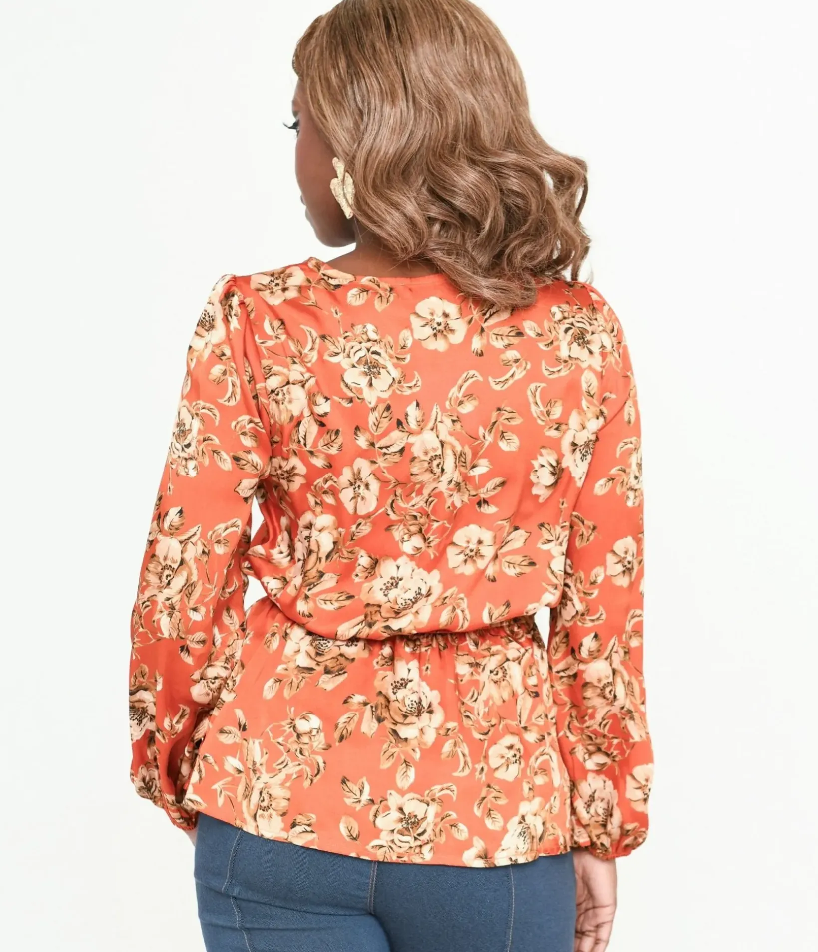 Unique Vintage Blouses|Blouses>Burnt Orange Floral Satin Peplum Blouse