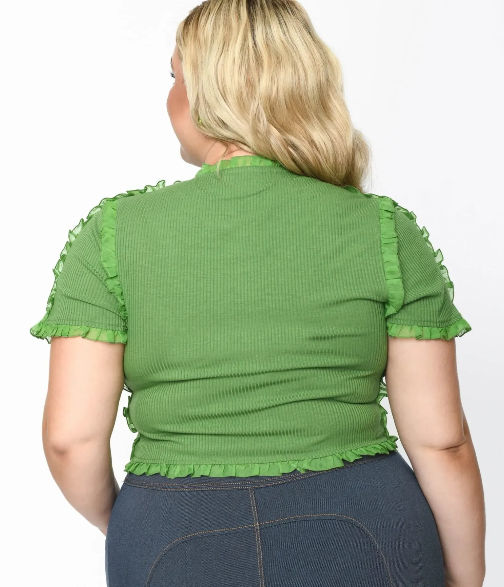Unique Vintage Blouses|Blouses>Cactus Green Ruffle Edge Knit Top