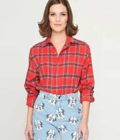 Unique Vintage Blouses|Disney Bounding>Cakeworthy Minnie Mouse Bow Red Plaid Unisex Flannel