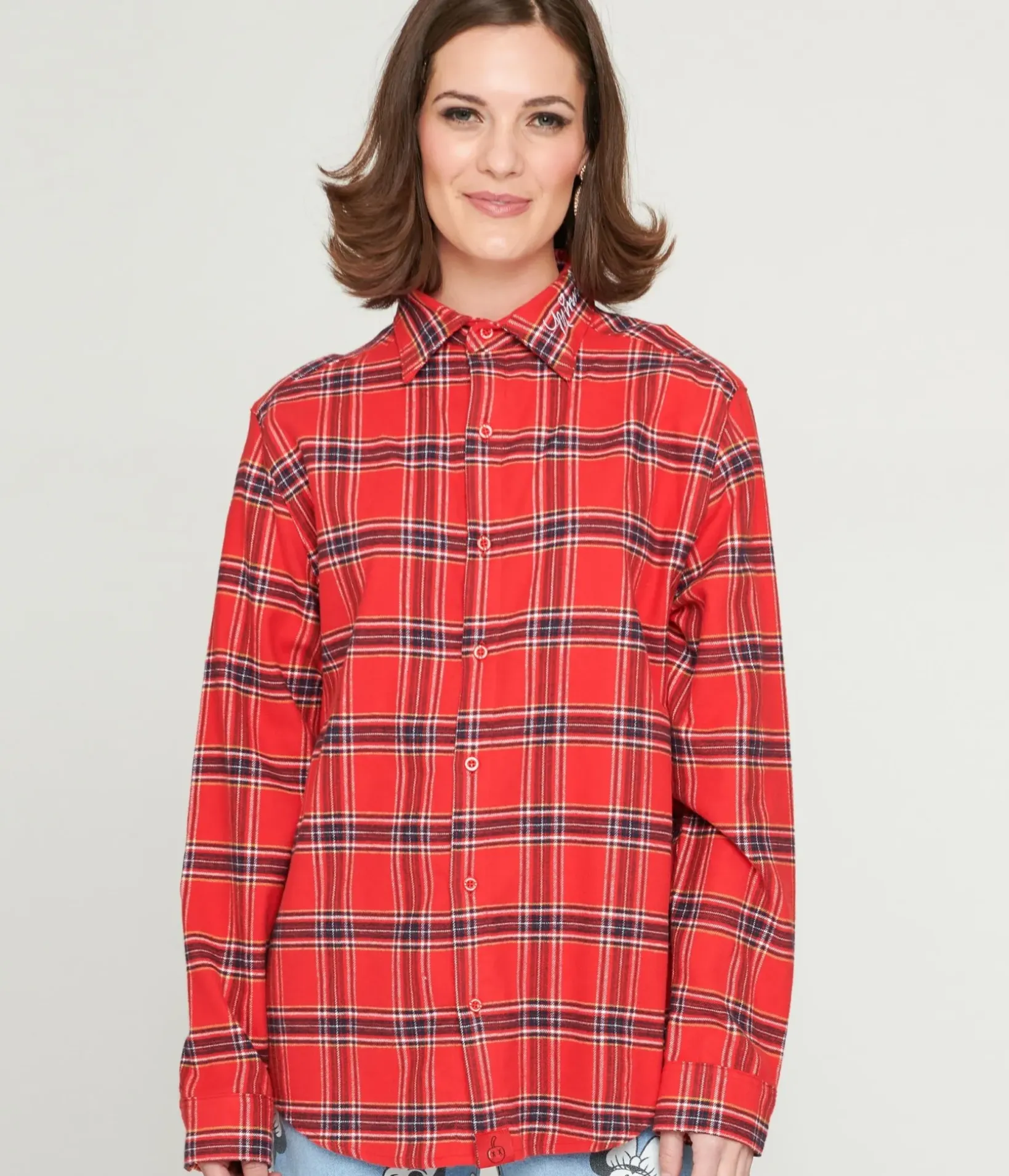 Unique Vintage Blouses|Disney Bounding>Cakeworthy Minnie Mouse Bow Red Plaid Unisex Flannel