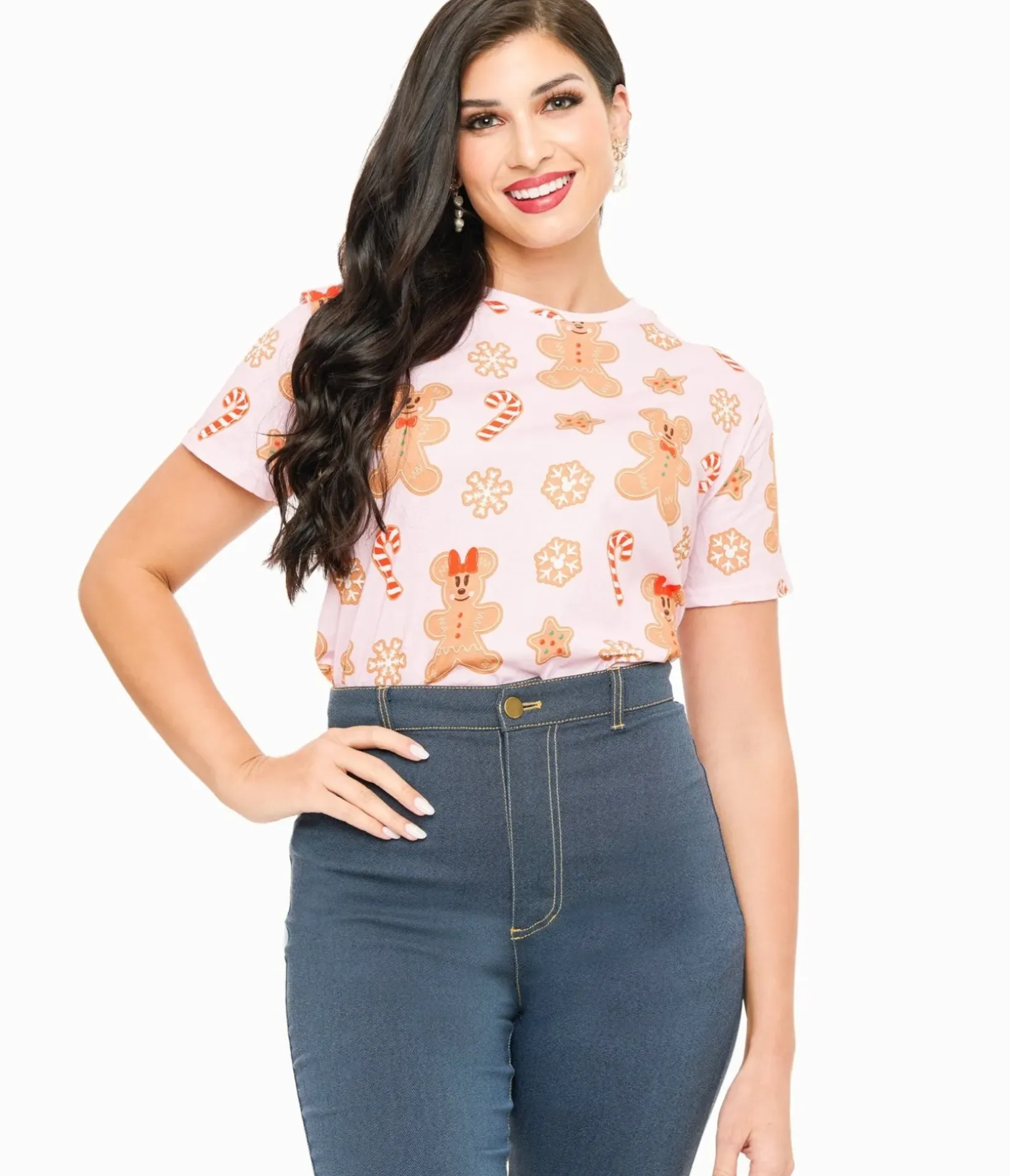 Unique Vintage Graphic Tees|Graphic Tees>Cakeworthy Pink Mickey & Minnie Gingerbread All Over Print Graphic Tee