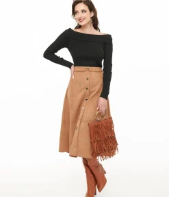 Unique Vintage Skirts>Camel Suede Button Up Midi Skirt