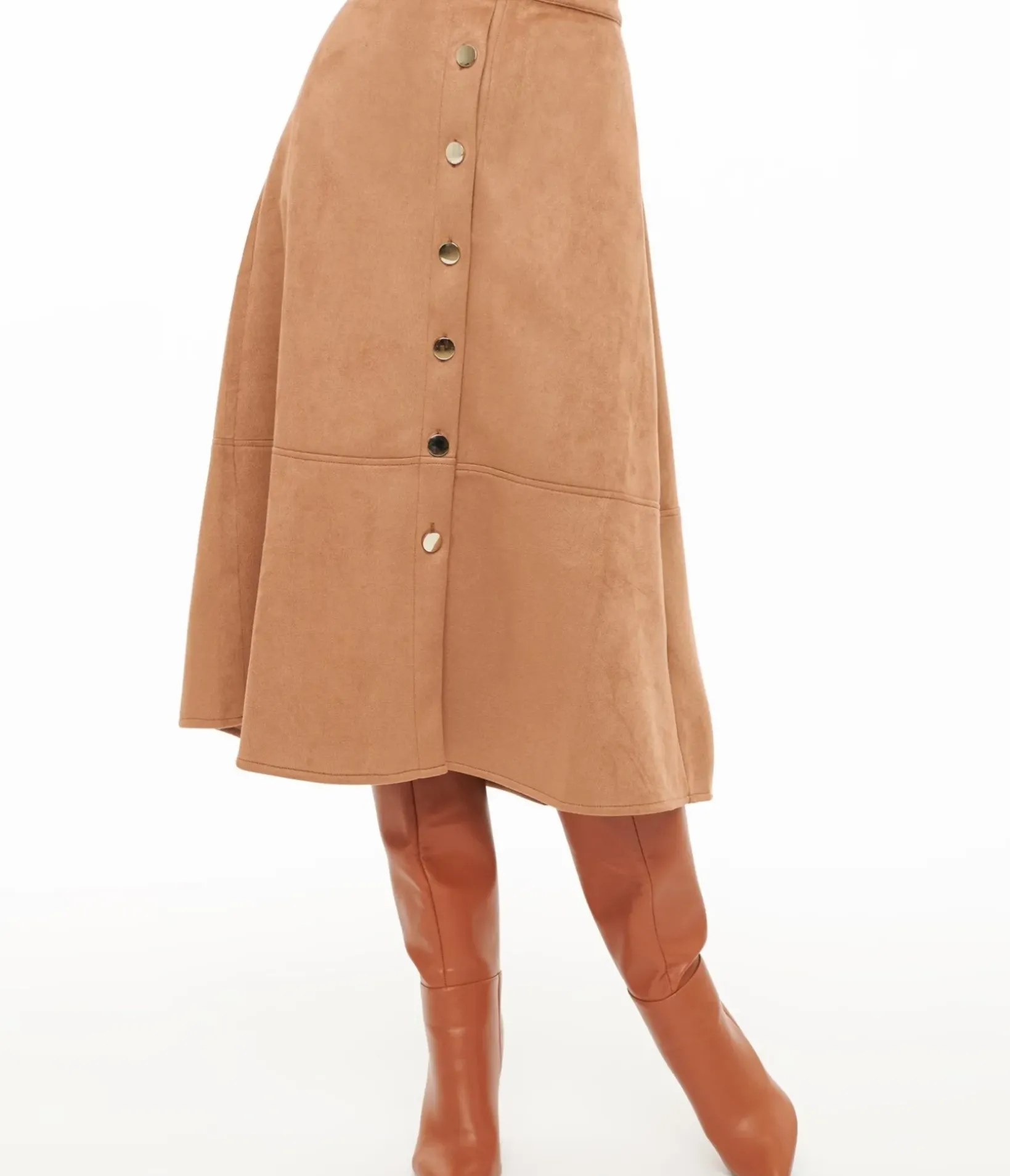 Unique Vintage Skirts>Camel Suede Button Up Midi Skirt