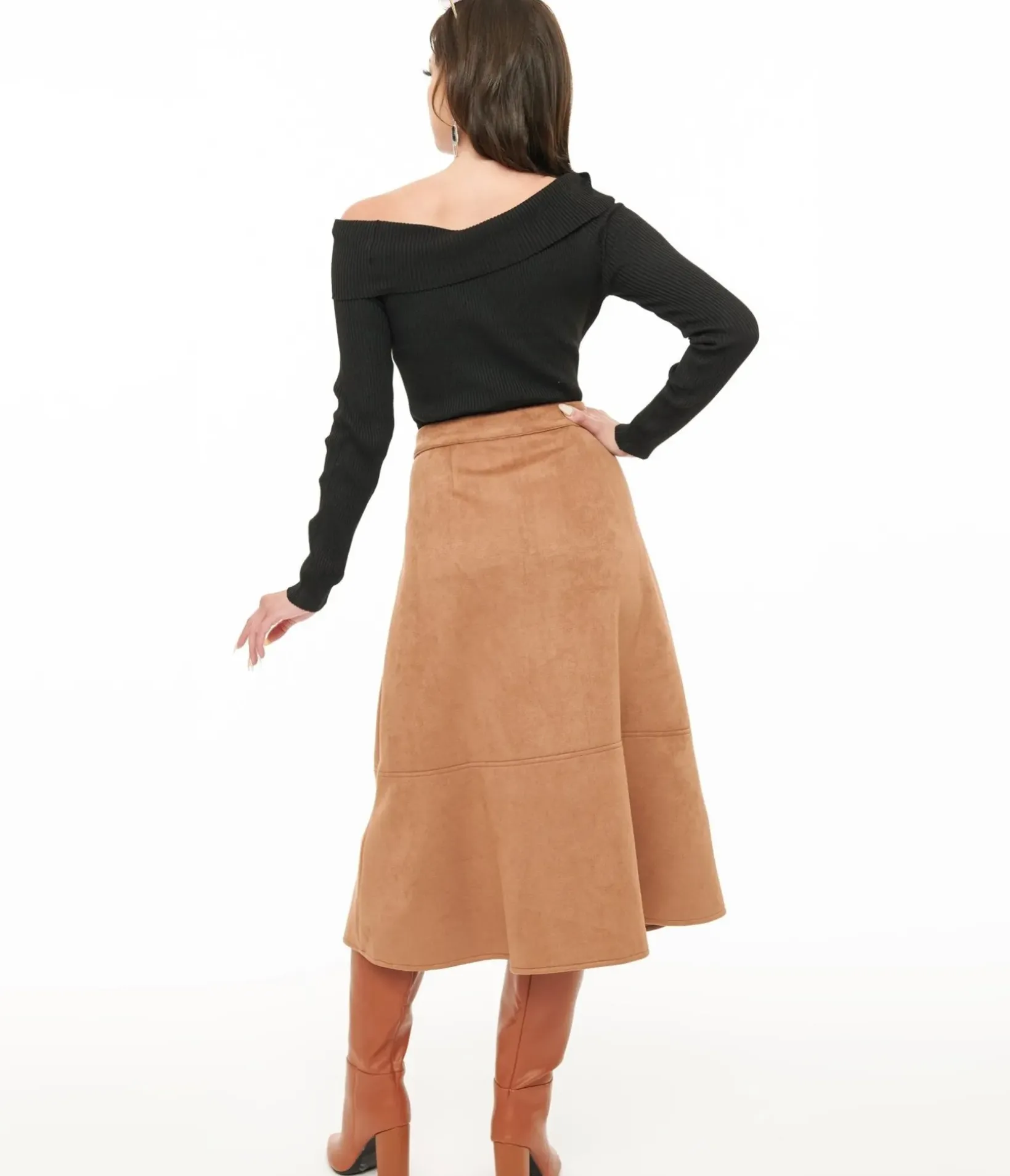 Unique Vintage Skirts>Camel Suede Button Up Midi Skirt