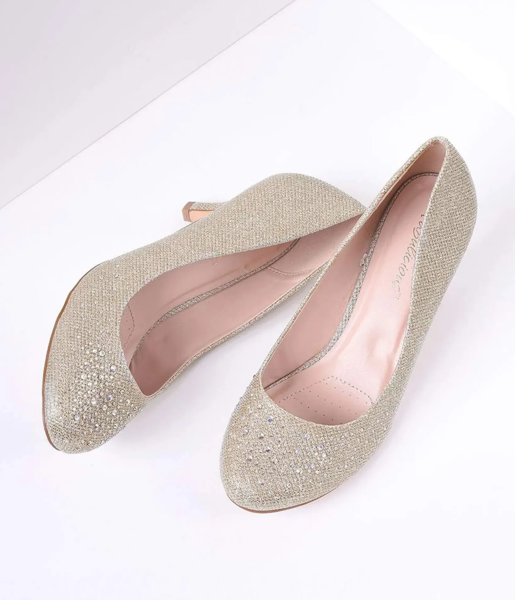 Unique Vintage Special Occasion|Heels>Champagne Metallic Rhinestone Doris Kitten Heels