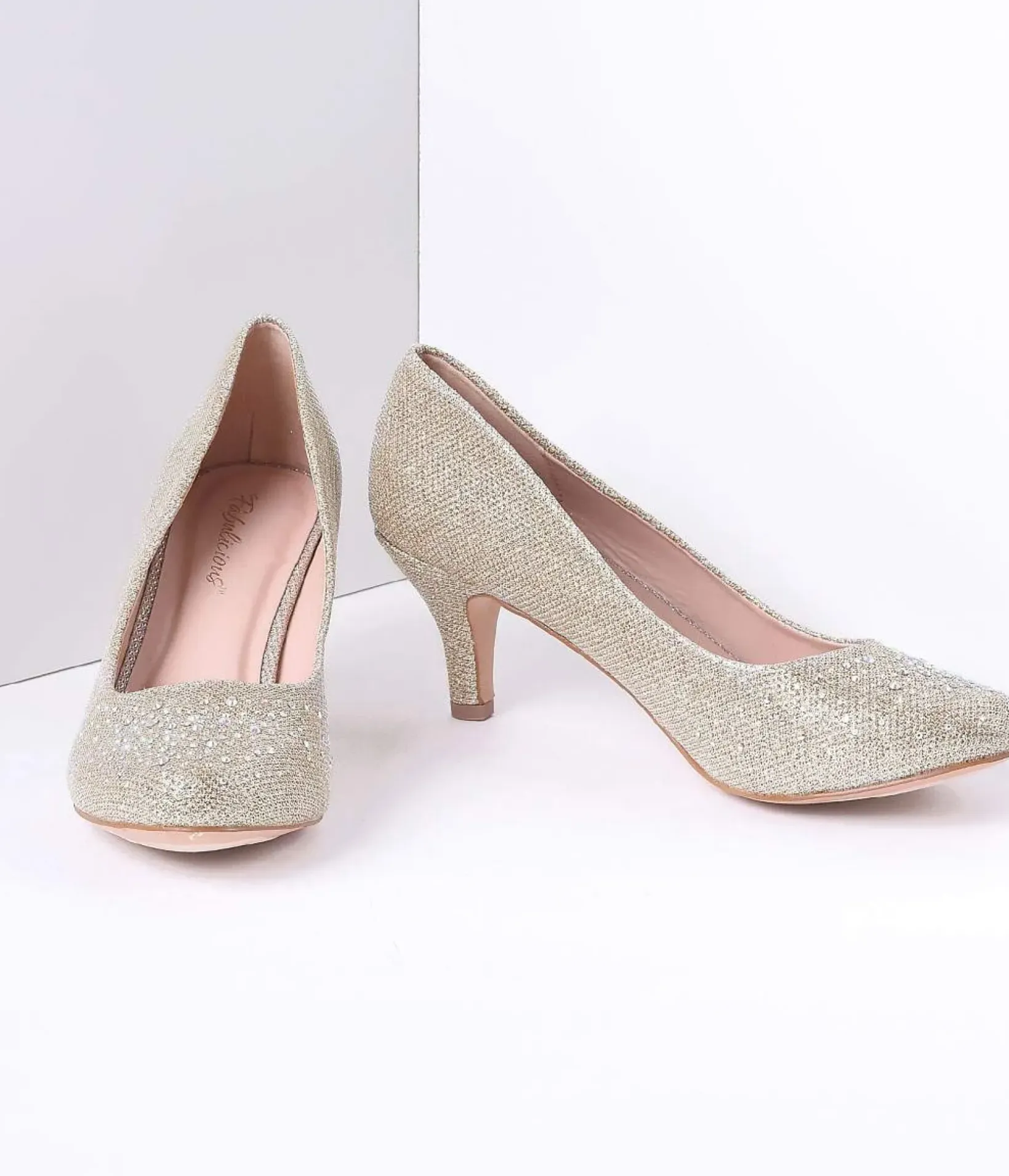 Unique Vintage Special Occasion|Heels>Champagne Metallic Rhinestone Doris Kitten Heels