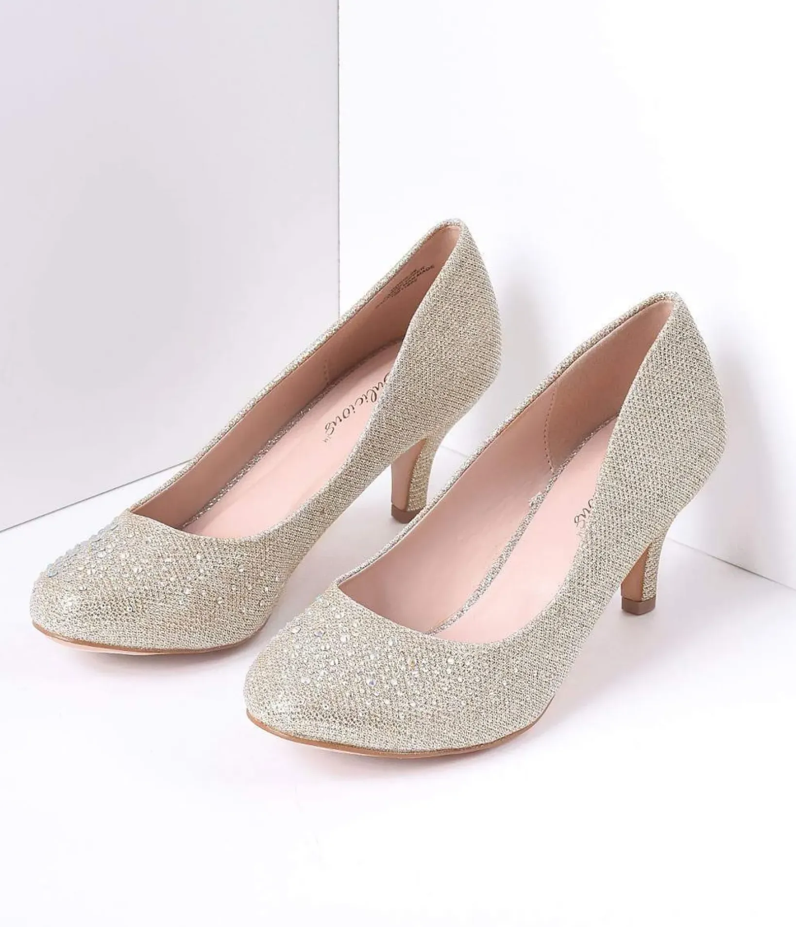 Unique Vintage Special Occasion|Heels>Champagne Metallic Rhinestone Doris Kitten Heels