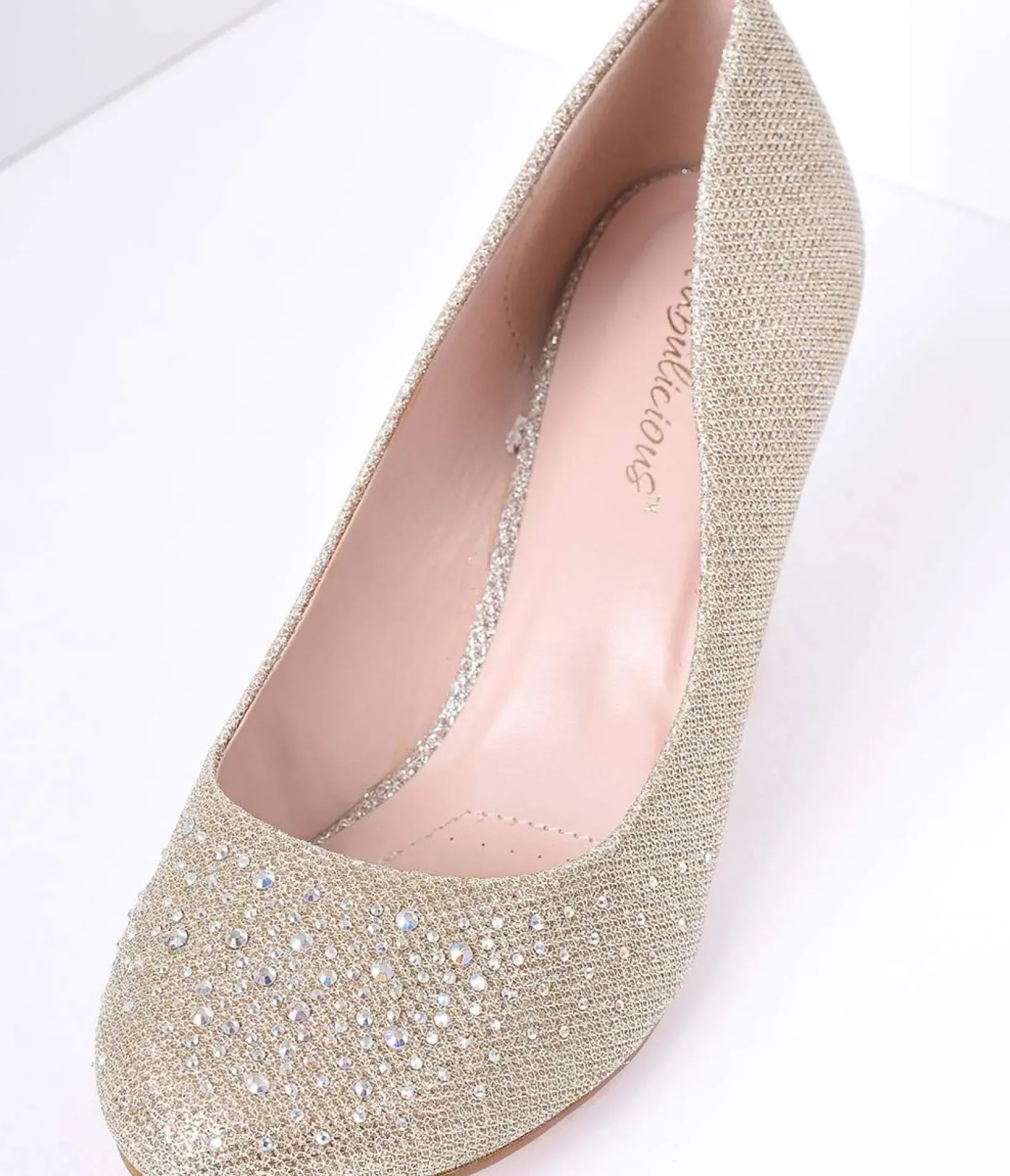 Unique Vintage Special Occasion|Heels>Champagne Metallic Rhinestone Doris Kitten Heels