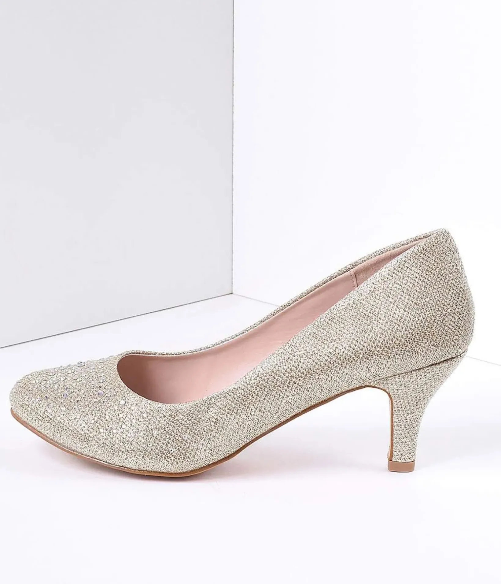 Unique Vintage Special Occasion|Heels>Champagne Metallic Rhinestone Doris Kitten Heels