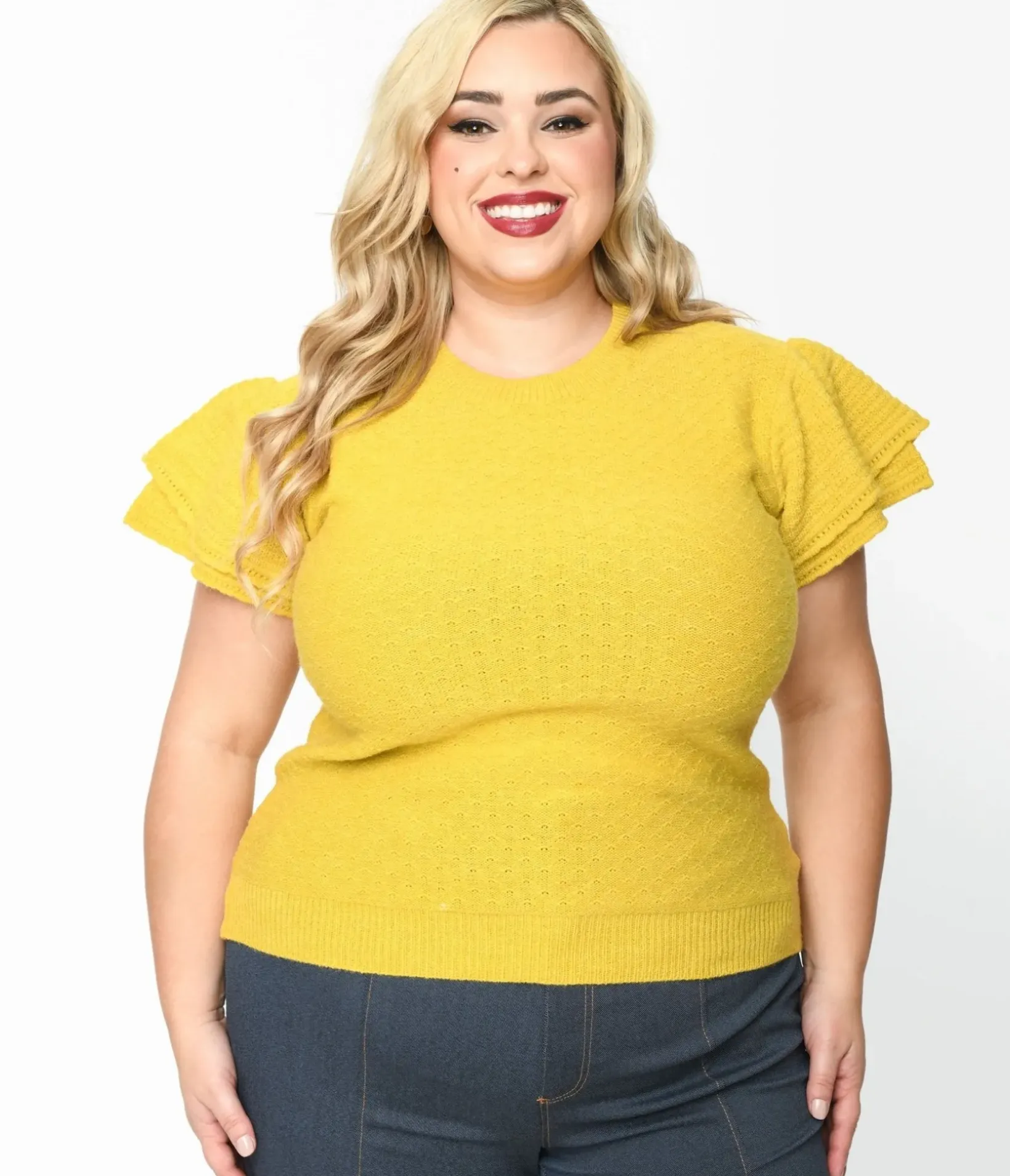 Unique Vintage Work Wear>Chartreuse Ruffle Sleeved Knit Top