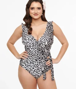 Unique Vintage One Piece Swim>Cheetah Print Wrap One Piece Swimsuit