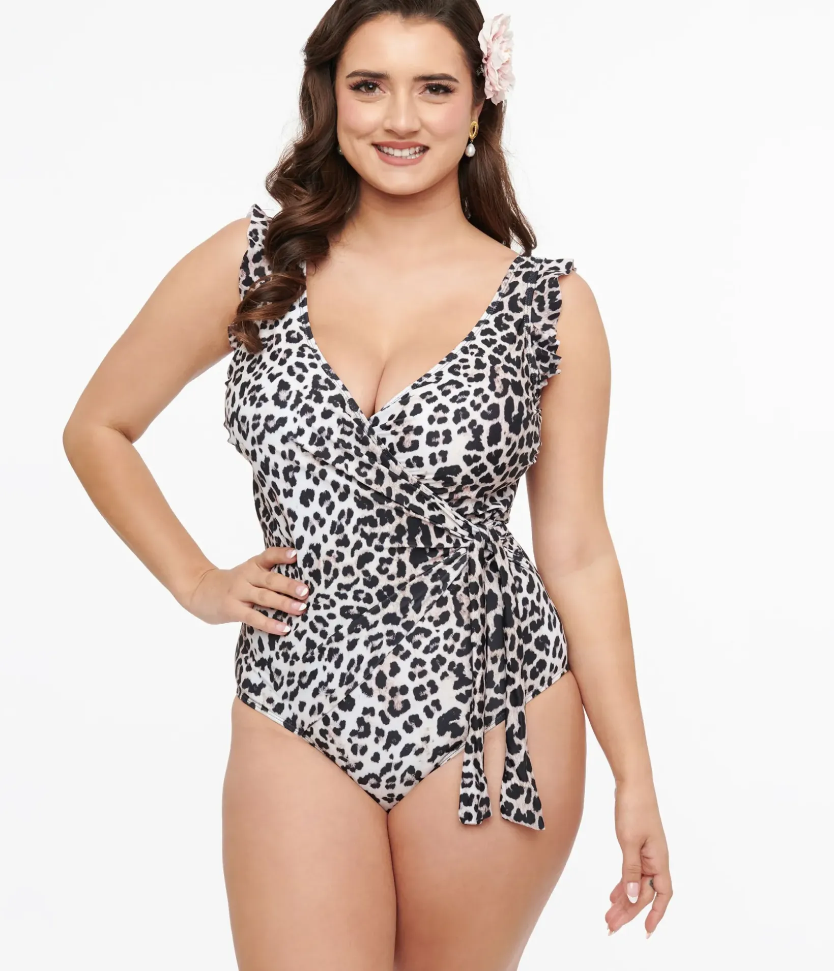 Unique Vintage One Piece Swim>Cheetah Print Wrap One Piece Swimsuit