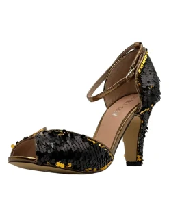 Unique Vintage Special Occasion|Heels>Chelsea Crew Black & Gold Sequin Lola Pumps
