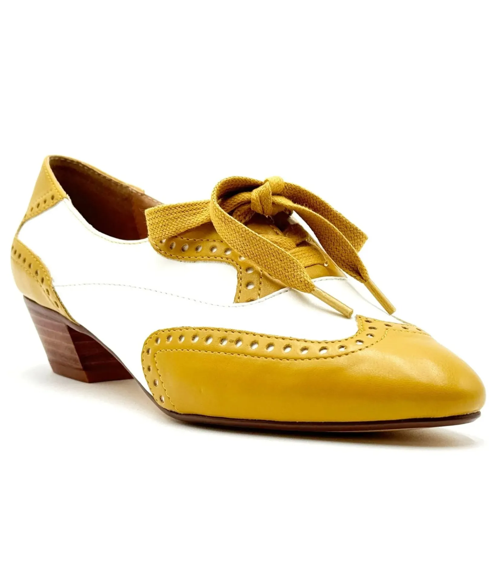 Unique Vintage Heels>Chelsea Crew 1950's Mustard & White Demi Oxford Saddle Shoes