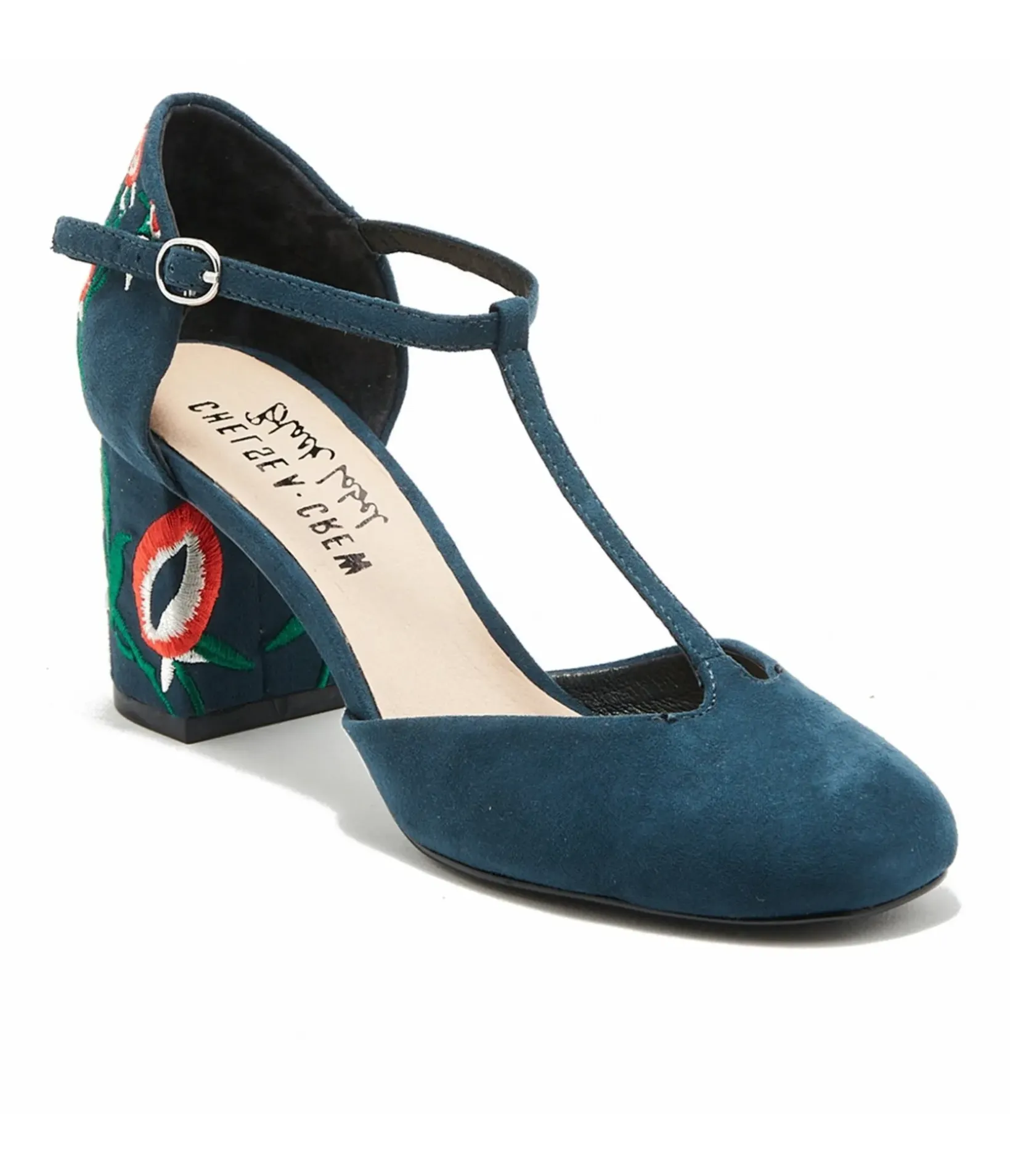 Unique Vintage Heels|T-Straps>Chelsea Crew 1920s Navy T-Strap Embroidered Frenchie Heels