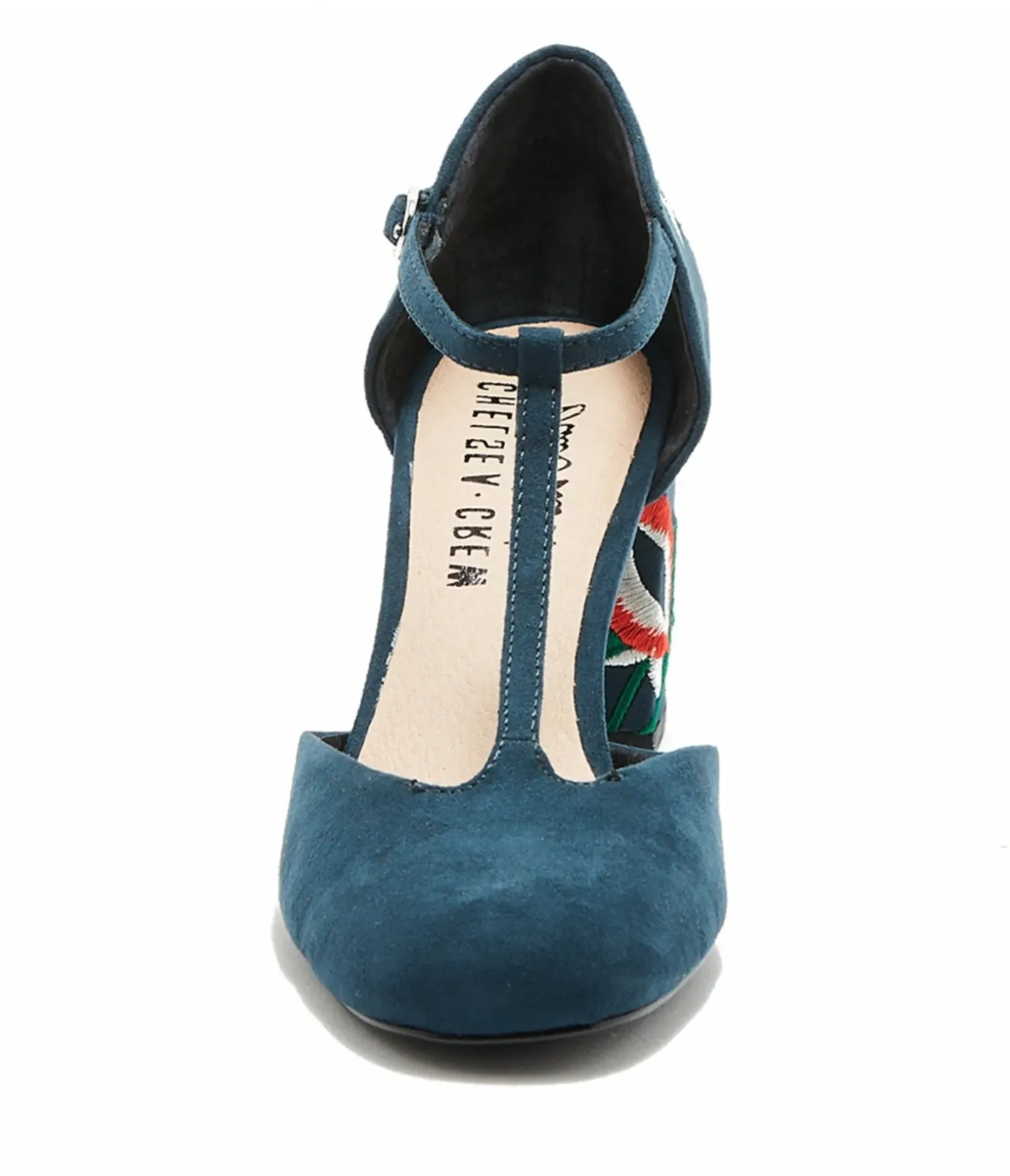 Unique Vintage Heels|T-Straps>Chelsea Crew 1920s Navy T-Strap Embroidered Frenchie Heels