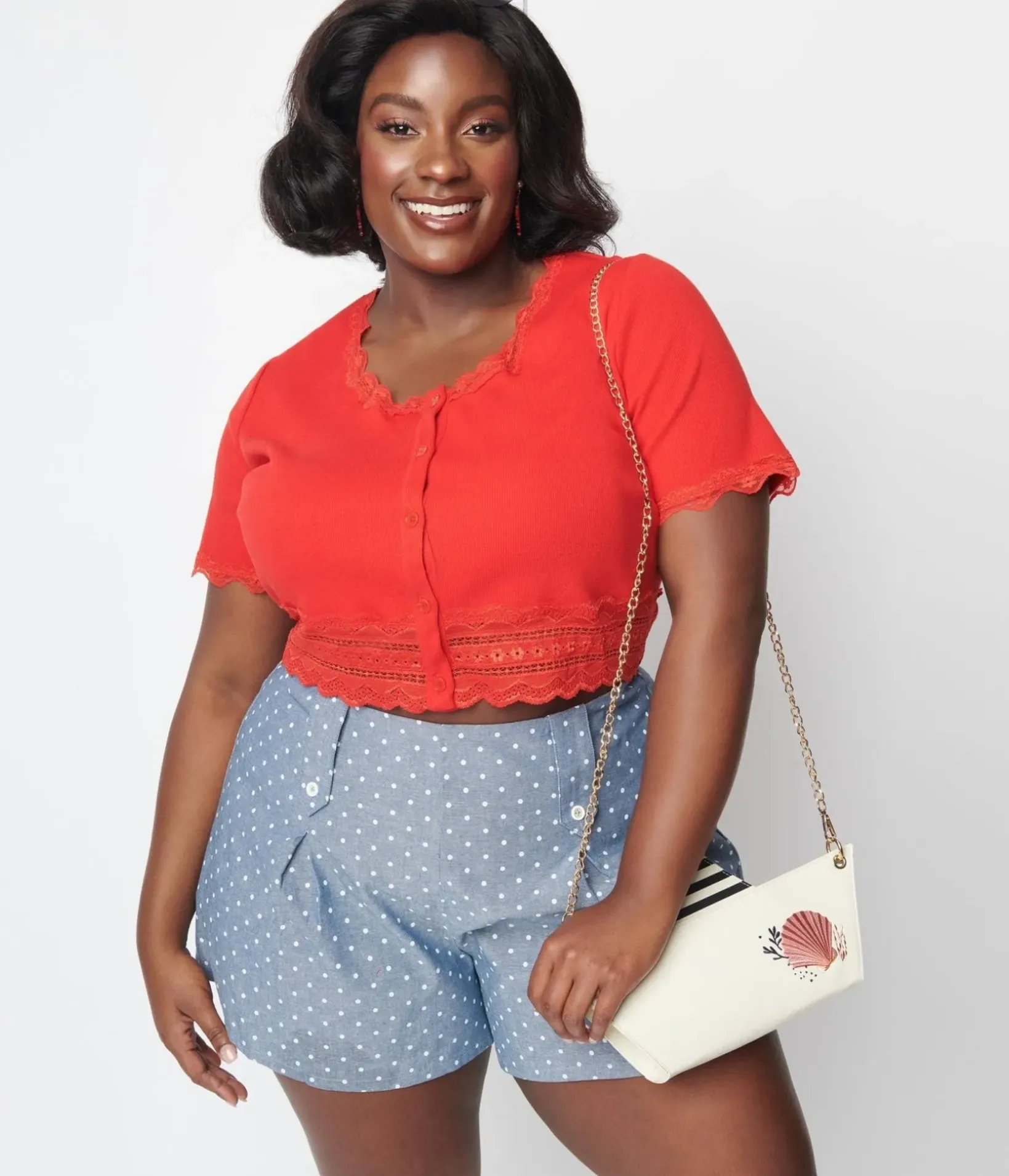 Unique Vintage Blouses|Blouses>Cherry Red Scallop Lace Knit Crop Top
