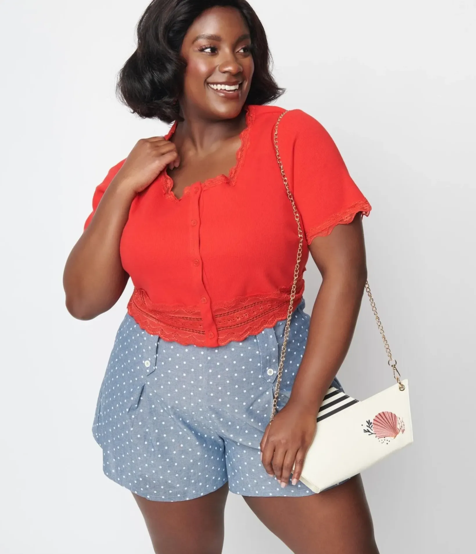 Unique Vintage Blouses|Blouses>Cherry Red Scallop Lace Knit Crop Top