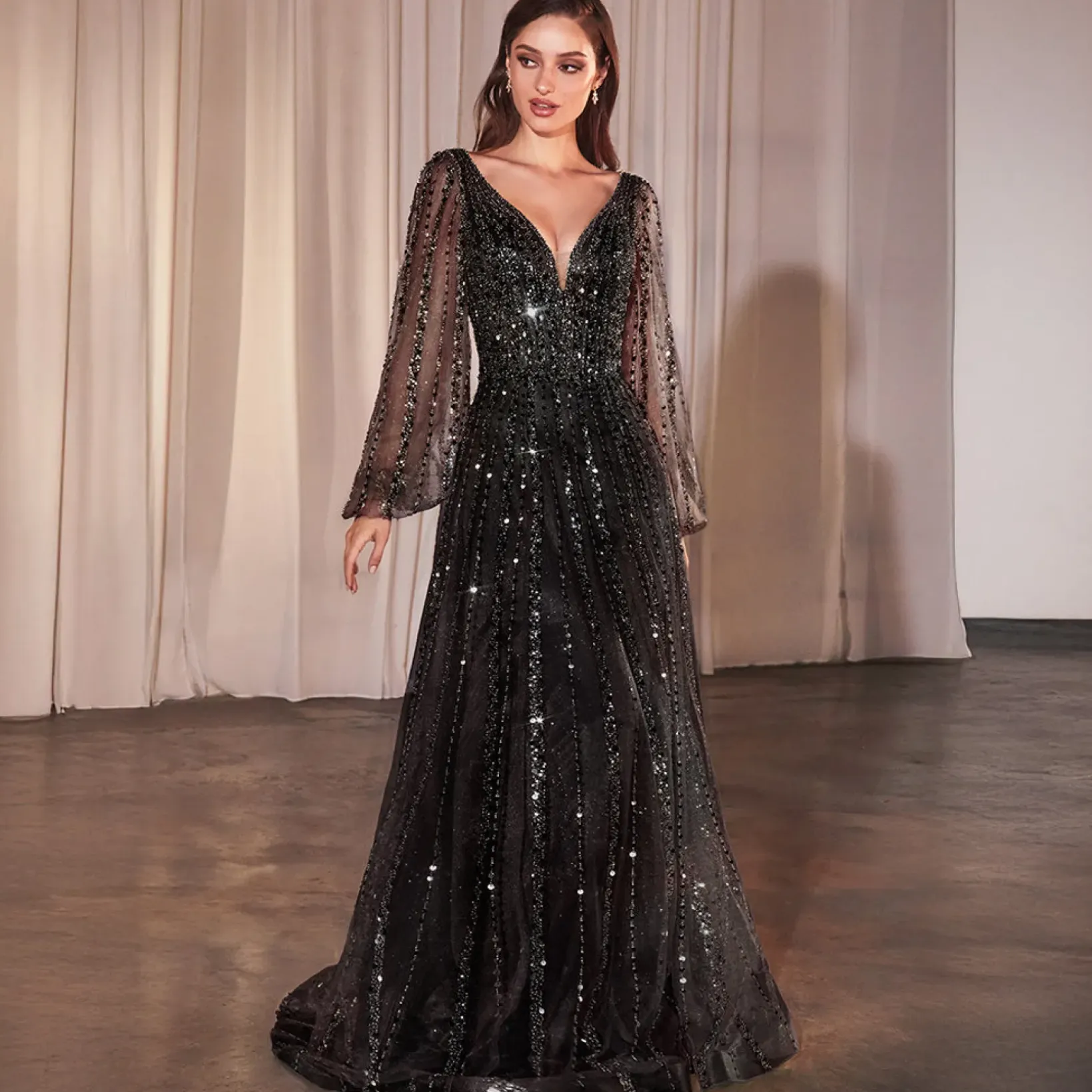 Unique Vintage Special Occasion|Prom Dresses>Cinderella Divine Black Beaded Long Sleeve A-Line Prom Dress
