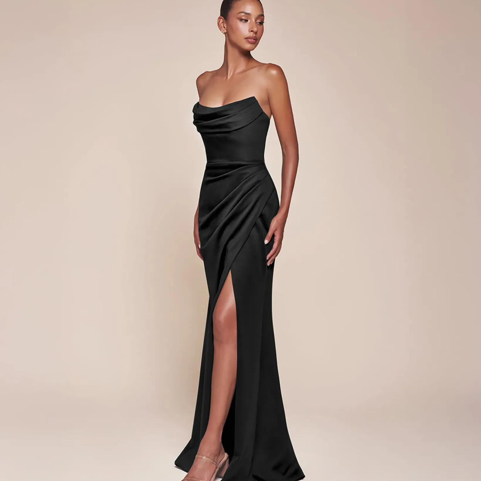 Unique Vintage Special Occasion|Prom Dresses>Cinderella Divine Black Chiffon Strapless Slit Prom Dress