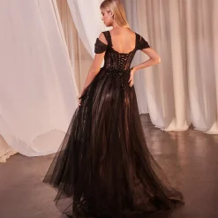 Unique Vintage Special Occasion|Prom Dresses>Cinderella Divine Black & Nude Applique Cold Shoulder A-Line Prom Dress