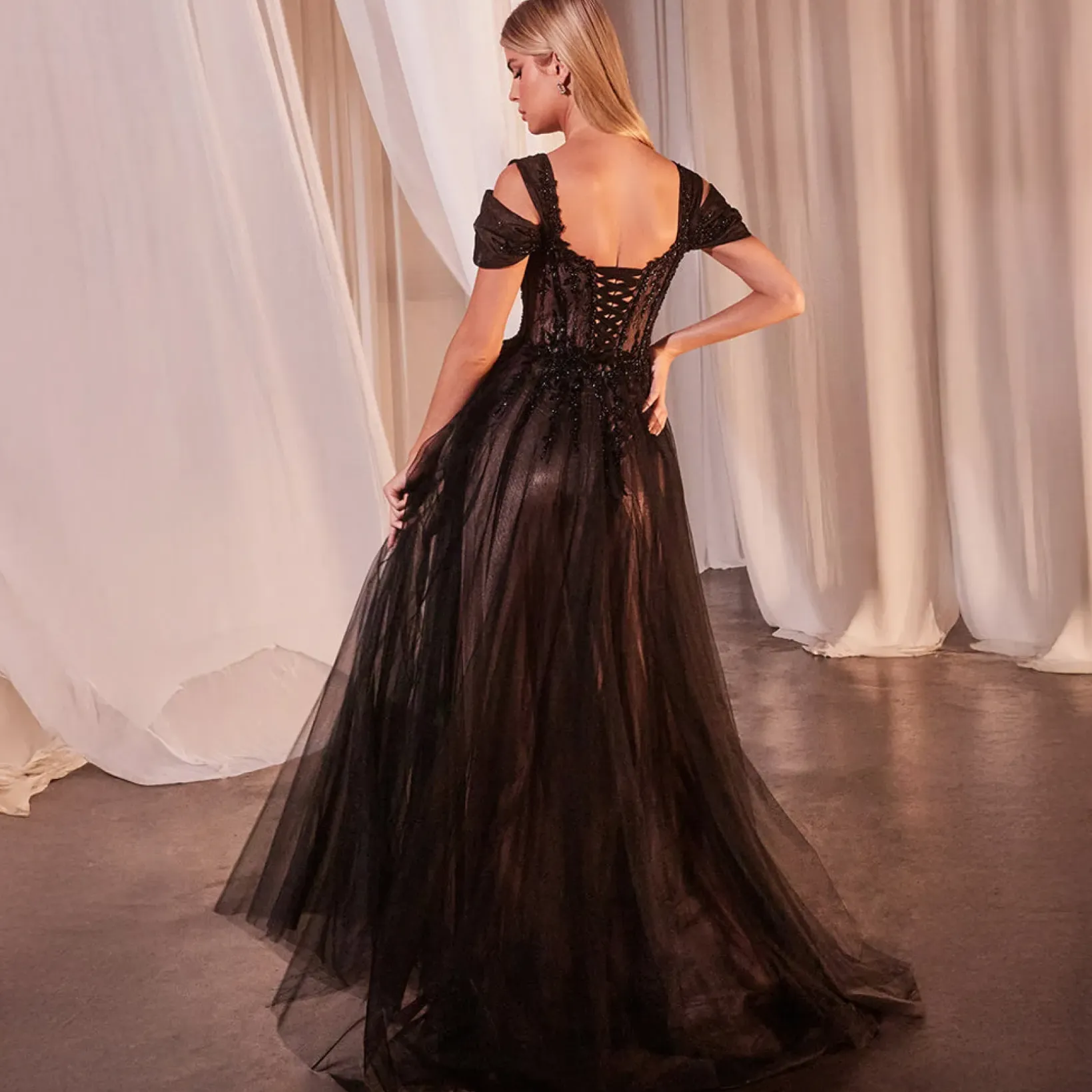 Unique Vintage Special Occasion|Prom Dresses>Cinderella Divine Black & Nude Applique Cold Shoulder A-Line Prom Dress