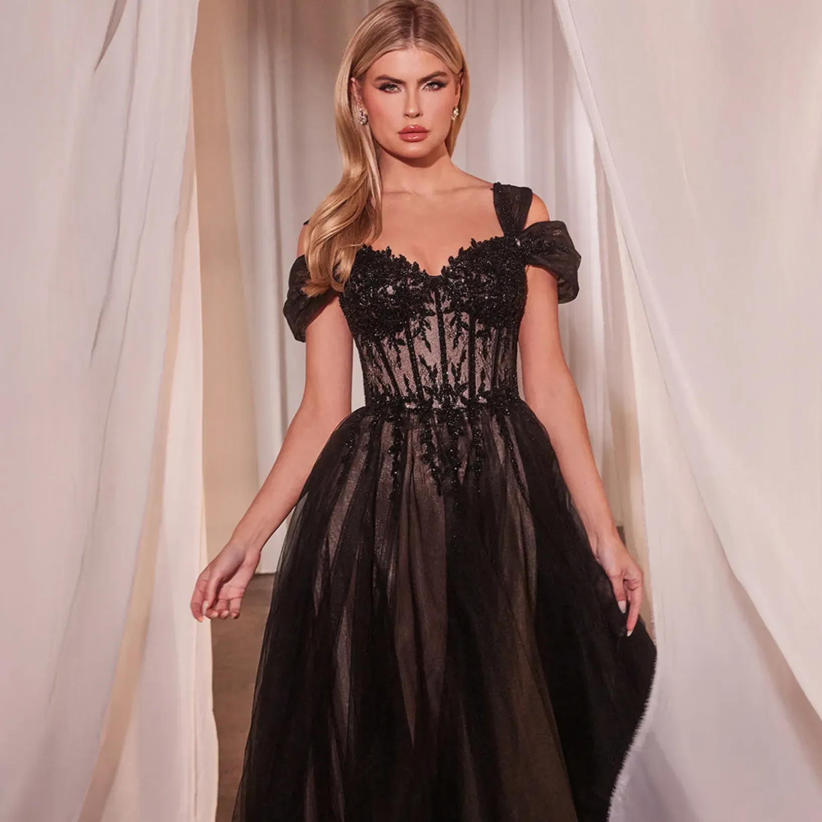 Unique Vintage Special Occasion|Prom Dresses>Cinderella Divine Black & Nude Applique Cold Shoulder A-Line Prom Dress