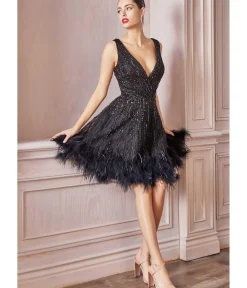 Unique Vintage Special Occasion|Prom Dresses>Cinderella Divine Black Rhinestone & Feather Hem Bridesmaid Cocktail Dress