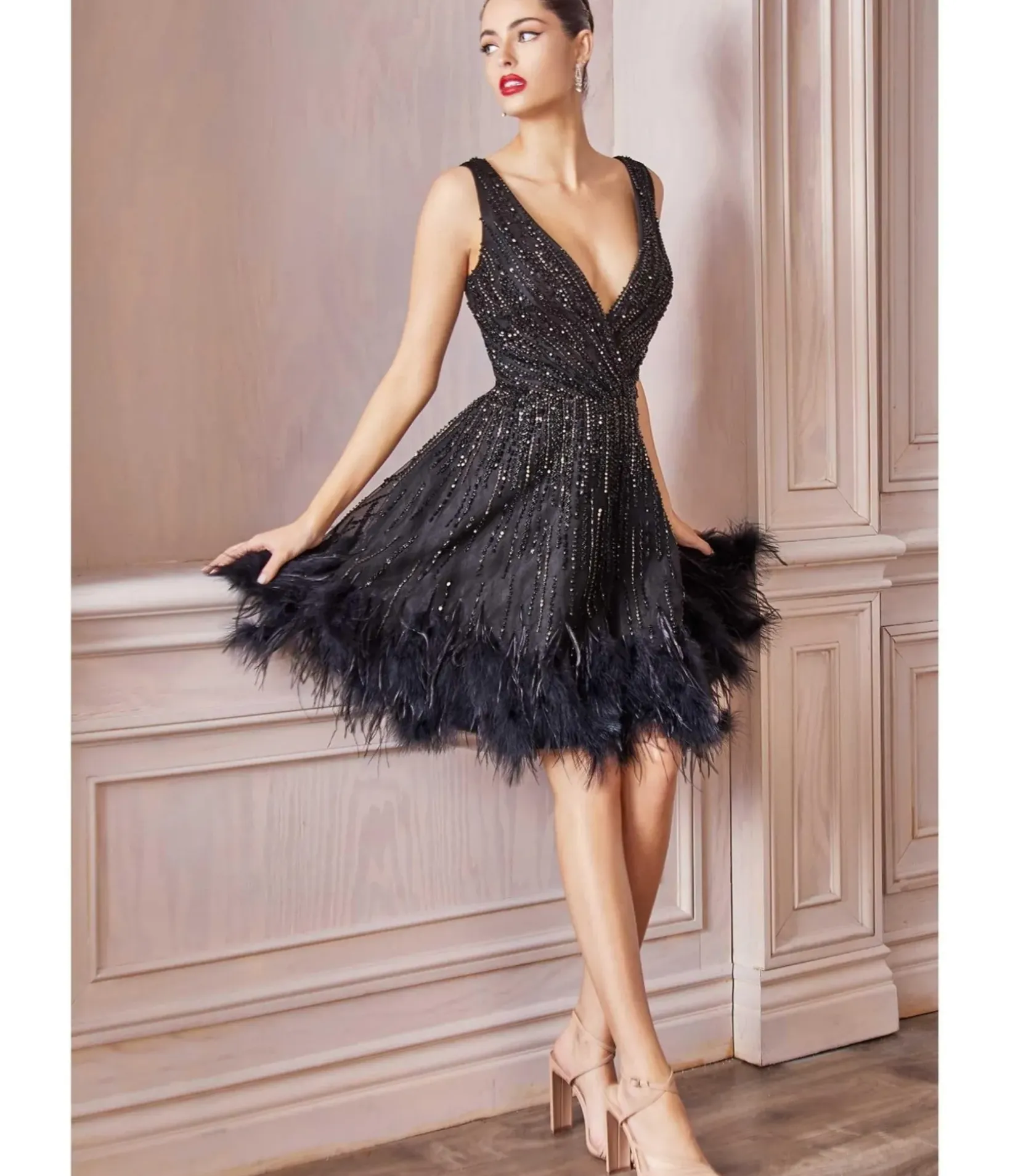 Unique Vintage Special Occasion|Prom Dresses>Cinderella Divine Black Rhinestone & Feather Hem Bridesmaid Cocktail Dress