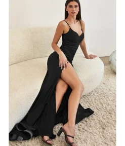 Unique Vintage Special Occasion|Prom Dresses>Cinderella Divine Black Ruched Satin Slit Prom Gown