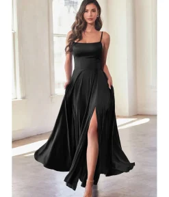 Unique Vintage Special Occasion|Prom Dresses>Cinderella Divine Black Satin A Line Bridesmaid Dress