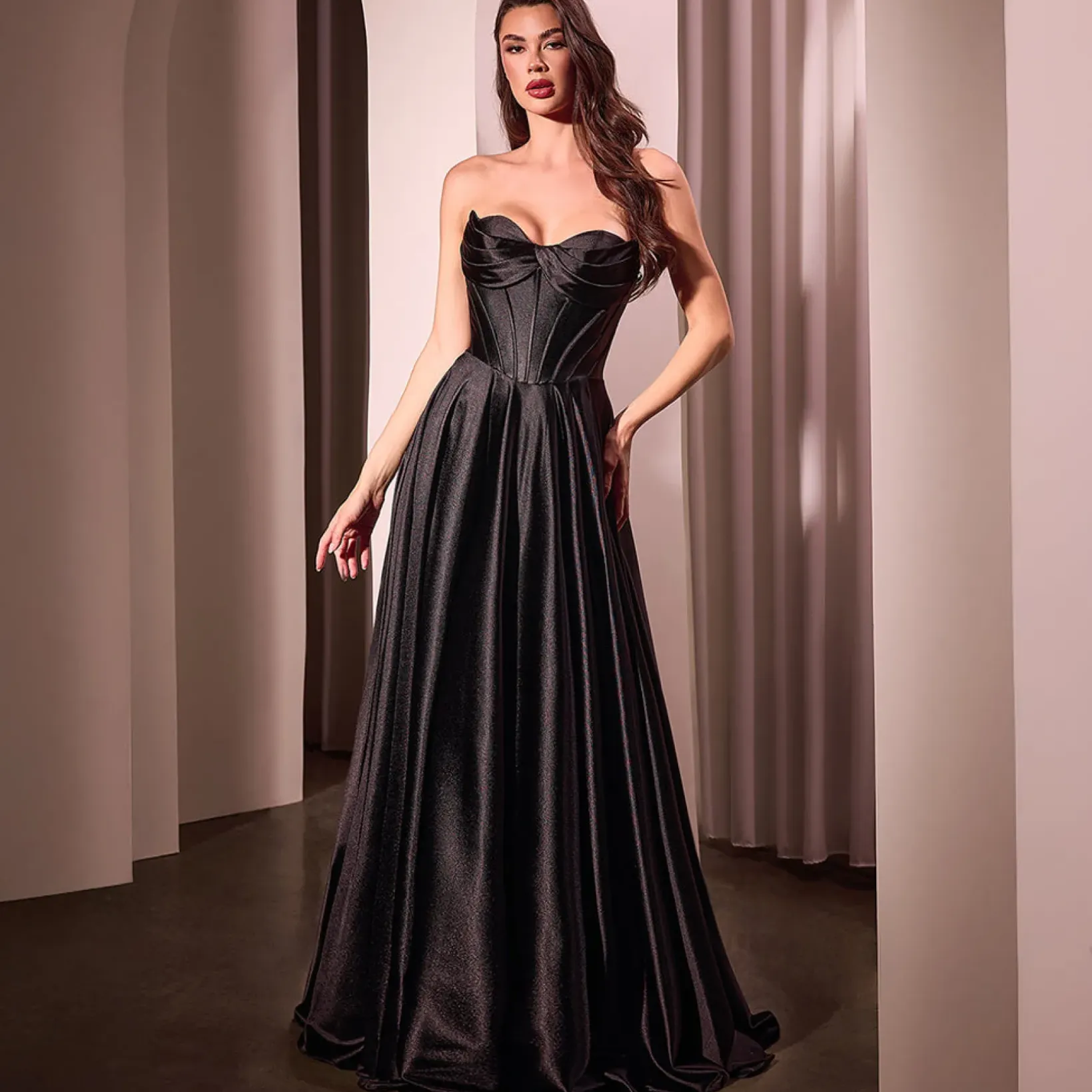 Unique Vintage Special Occasion|Prom Dresses>Cinderella Divine Black Satin Strapless A-Line Slit Prom Dress