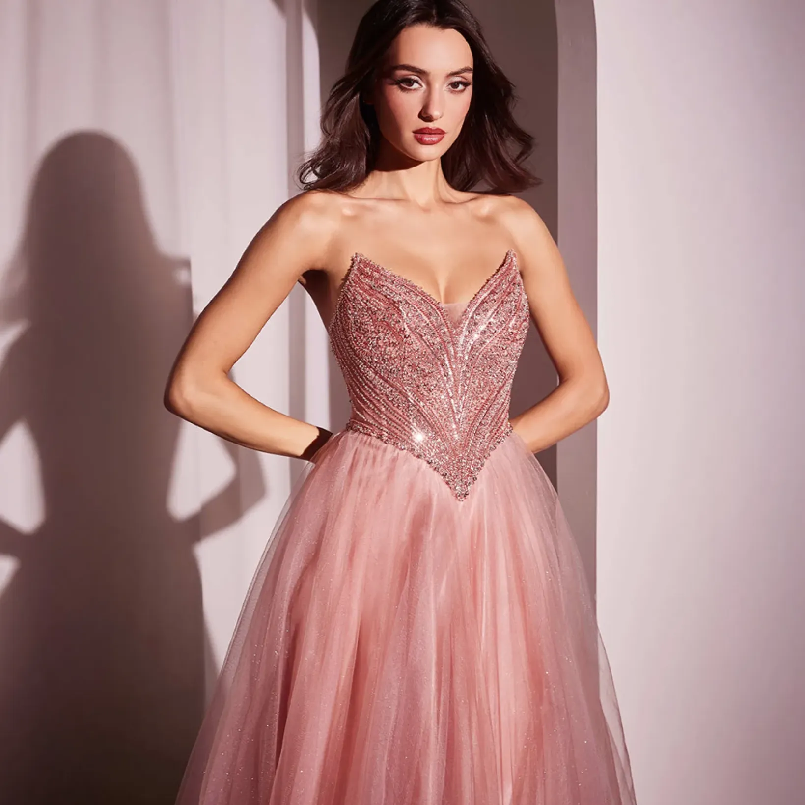 Unique Vintage Special Occasion|Prom Dresses>Cinderella Divine Blush Beaded Strapless Tulle Prom Dress