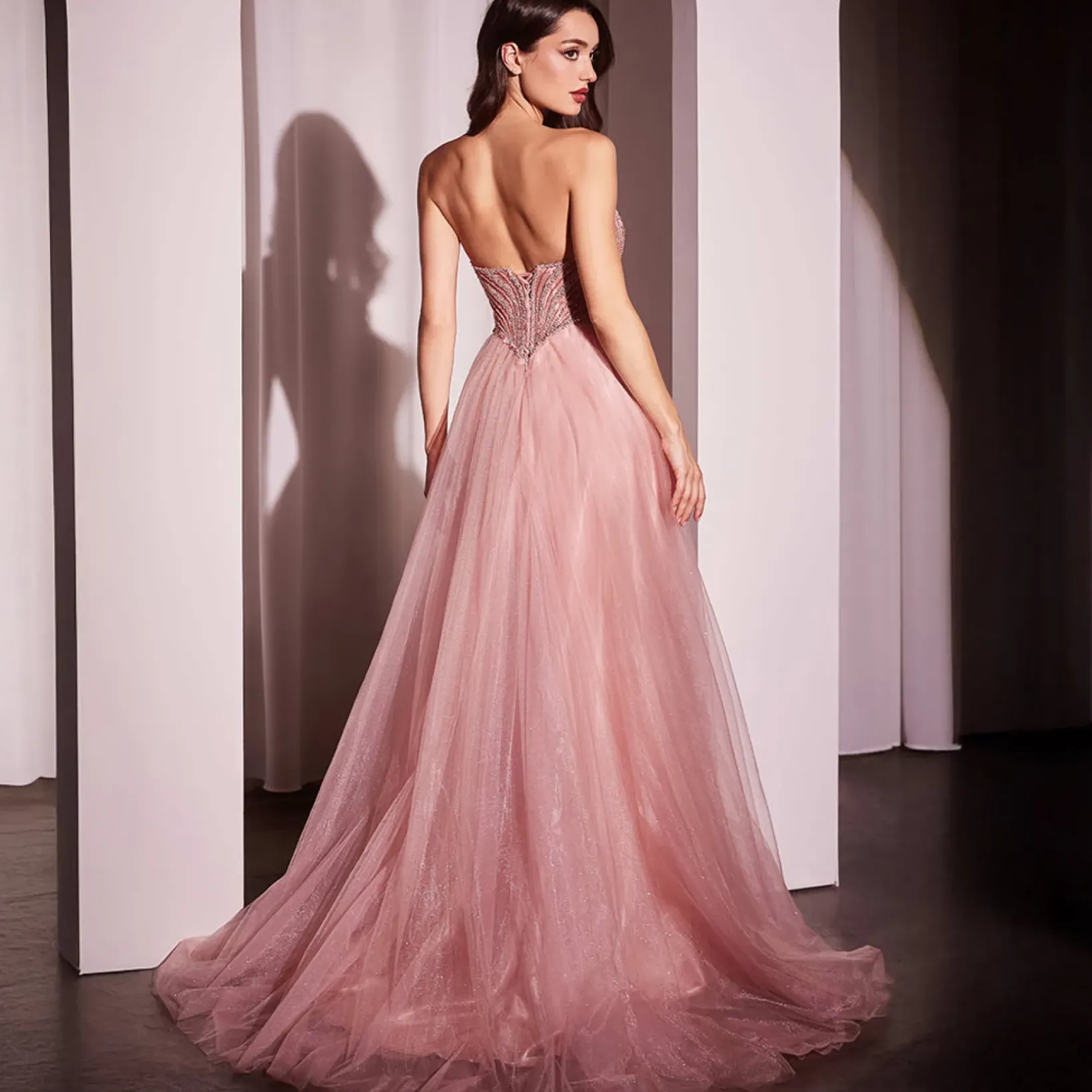 Unique Vintage Special Occasion|Prom Dresses>Cinderella Divine Blush Beaded Strapless Tulle Prom Dress