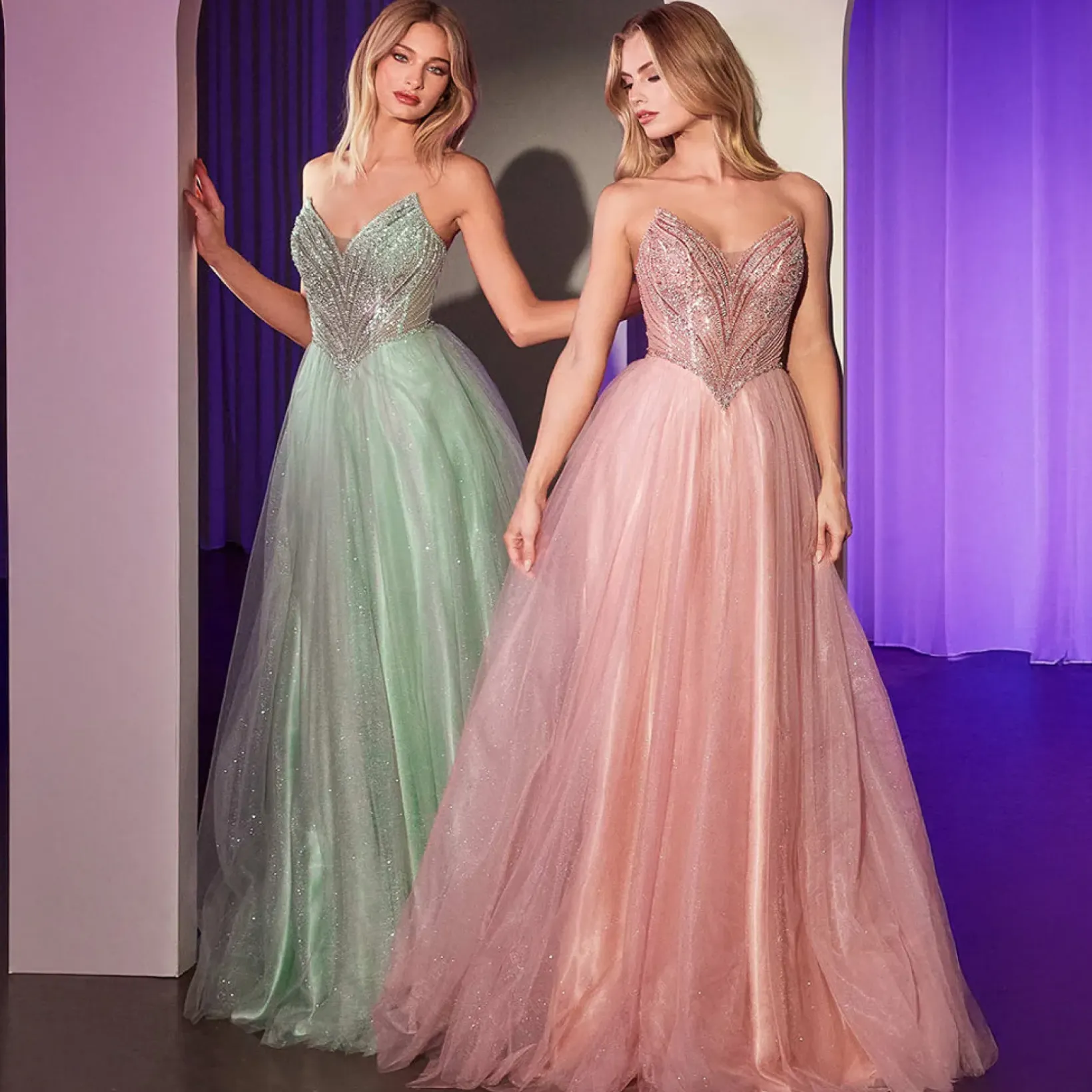Unique Vintage Special Occasion|Prom Dresses>Cinderella Divine Blush Beaded Strapless Tulle Prom Dress